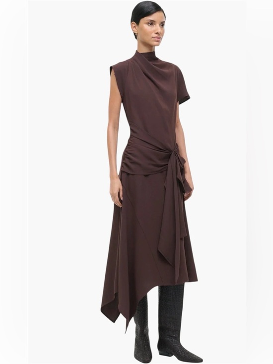 STAUD Dresses & Skirts - STAUD Devina Asymmetrical Draped Midi Dress in the color earth